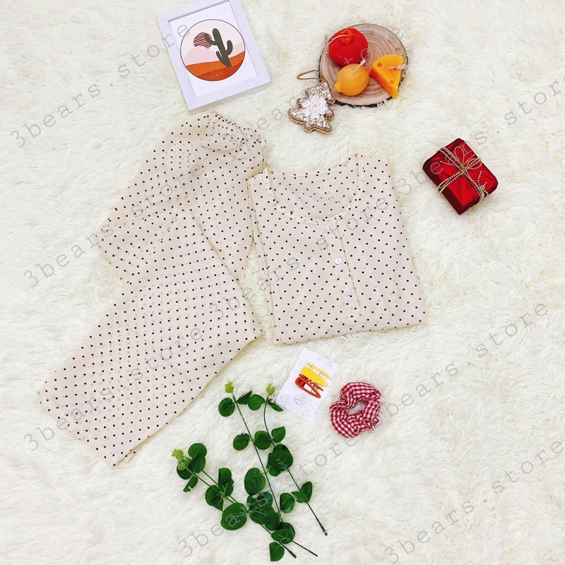 (Ảnh thật - 3bears.store tự chụp) Đồ bộ ngủ nữ dài chất đũi xốp phong cách Hàn Quốc (tay dài, cổ tròn, quần dài) | BigBuy360 - bigbuy360.vn
