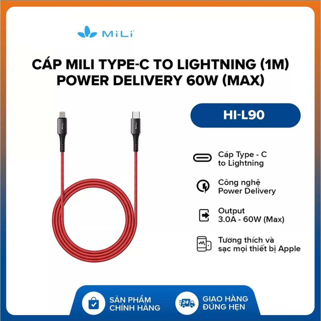 Cáp Mili Type-C to Lightning (1m) l Power Delivery 60W (Max) l Chứng nhận MFI l HI-L90 l Bảo Hành 2 Năm 1 Đổi 1