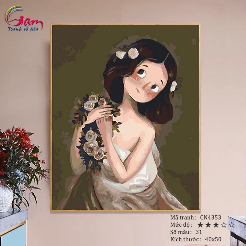 Tranh tô màu số hoá Gam nàng công chúa dễ thương có sẵn đã căng khung 40x50cm CN4353