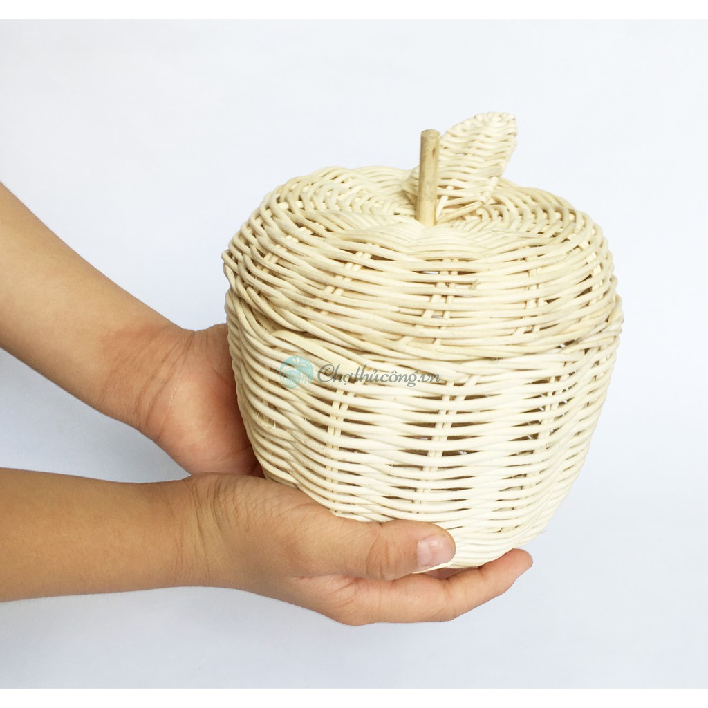 Giỏ đựng đồ hình quả táo nhỏ để bàn bằng mây tự nhiên trang trí, đồ chơi cho bé, phụ kiện chụp ảnh, decor