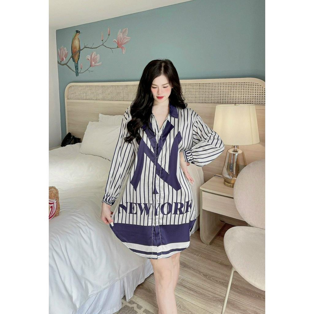 Đầm ngủ sơ mi bigsize váy ngủ mặc nhà lụa Latin tay dài in họa tiết xinh xắn - VM11