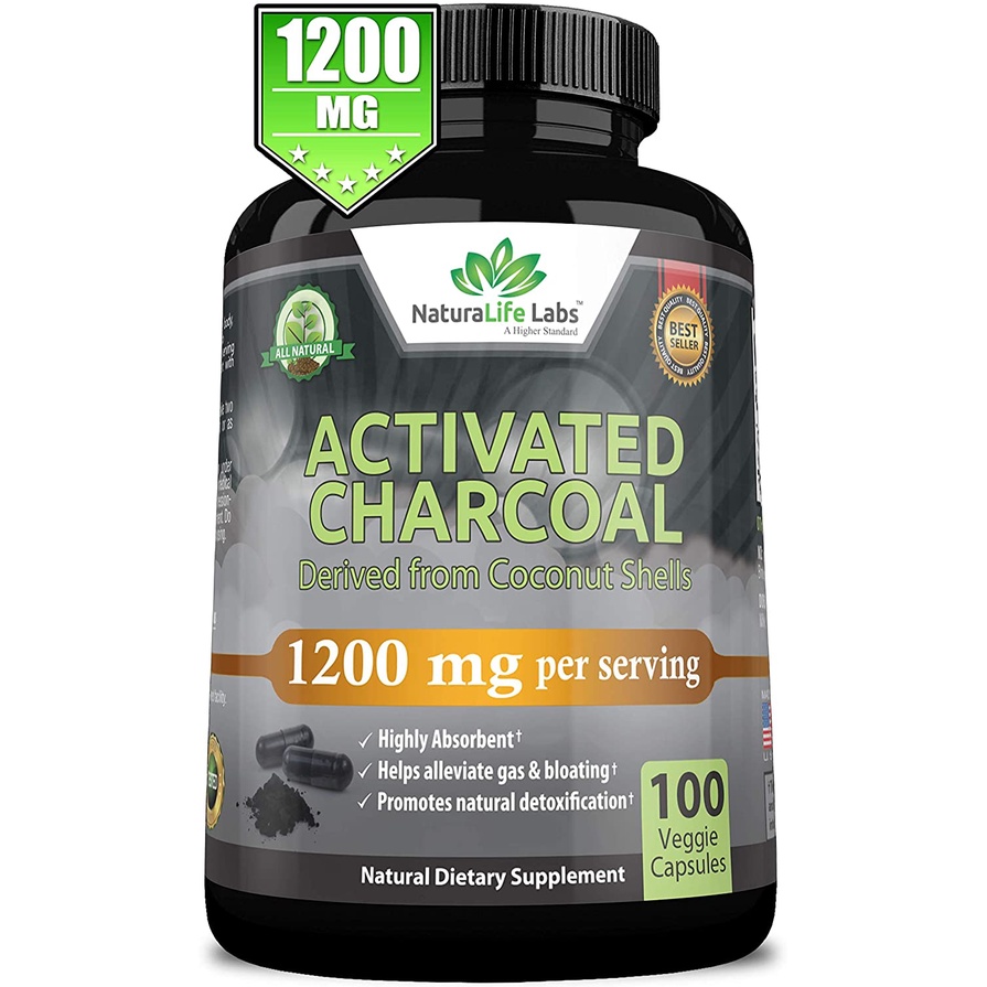 NaturaLife Labs Activated Charcoal 1200mg - Viên nang than hoạt tính hỗ trợ giải độc, hệ tiêu hóa và trắng da 100 viên
