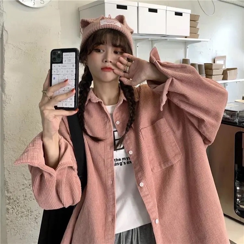 Áo Sơ Mi Nam Nữ Màu Hồng Xanh Dài Tay Chất Nhung Gân Tăm Thêu FACE Form Rộng Cài Cúc Phom Unisex Phong Cách Ulzzang