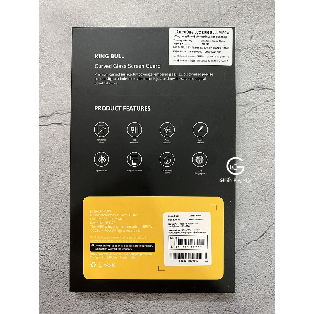 Kính Cường Lực Mipow Kingbull Premium HD 2.7D Dành Cho iPhone 13/13PRO/13PROMAX