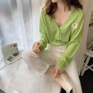 Áo Dệt Kim Cổ Chữ V Thêu Hoa Cúc Xinh Xắn Hợp Thời Trang 2020