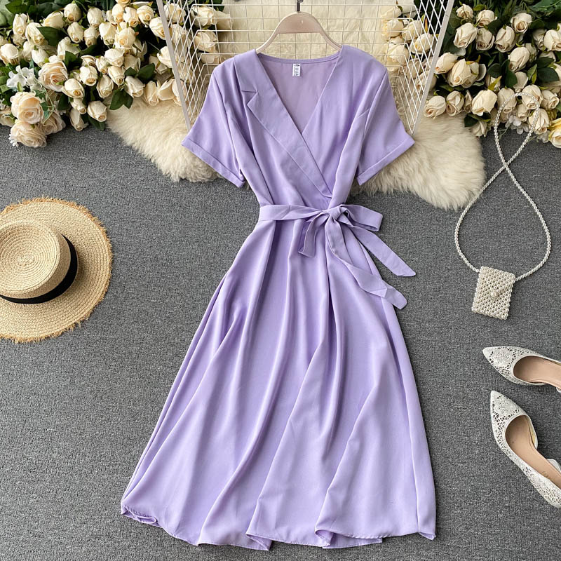 Women Casual Niche Irregular Suit Collar Design Dresses Lace Up Waist Slim Over-the-knee Midi Dress