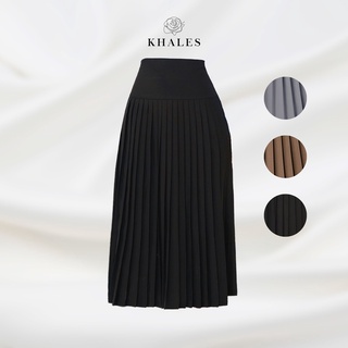 Chân váy xếp ly midi KHALES vải tuyết mưa loại xếp nhỏ 3 màu xám, nâu và đen