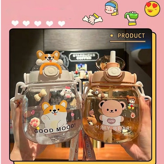 Bình Nước Dung Tích Lớn 1300ml In Họa Tiết Hoạt Hình Có Ống Hút Cho Bé