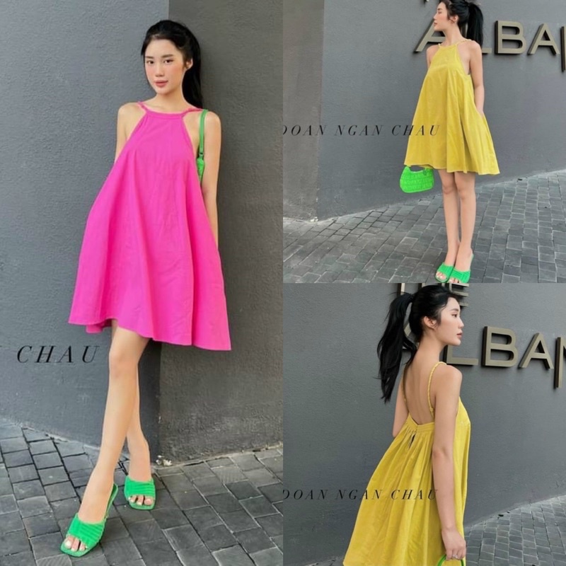 Đầm váy đũi suông ngắn có mút 2 dây cổ yếm hở lưng hồng cánh sen/vàng, thời trang nữ hot girl dễ thương đi chơi dạo phố