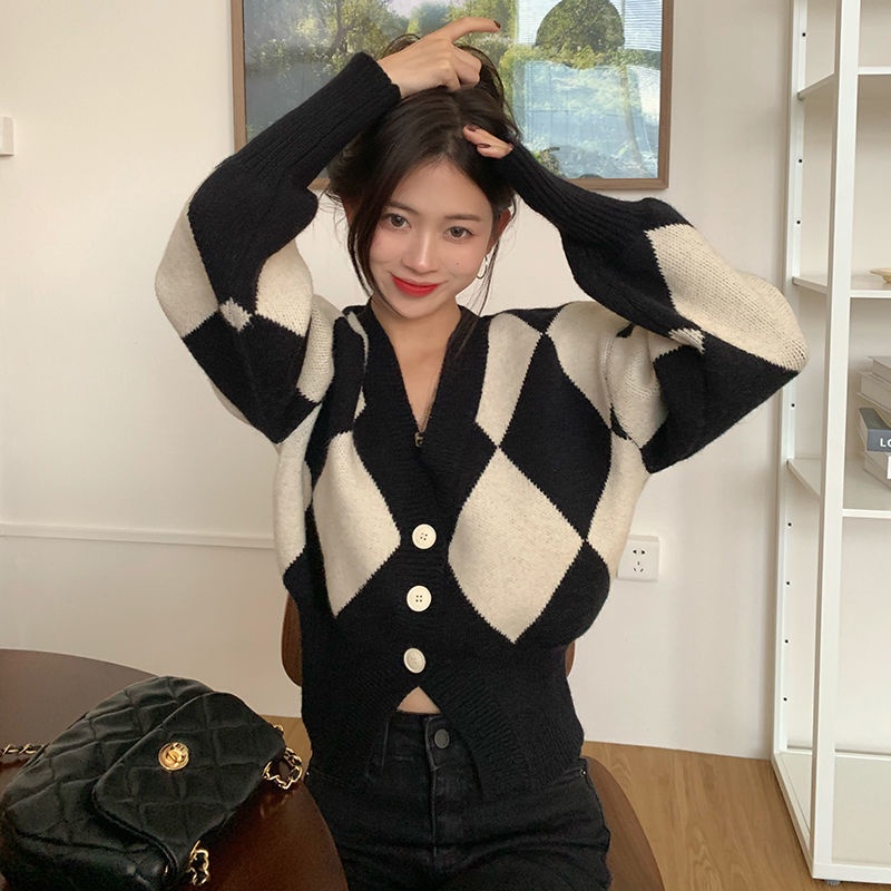 Áokhoác cardigan dệt kim cổ chữ V màu sắc tương phản phong cách Hàn Quốc cho nữ