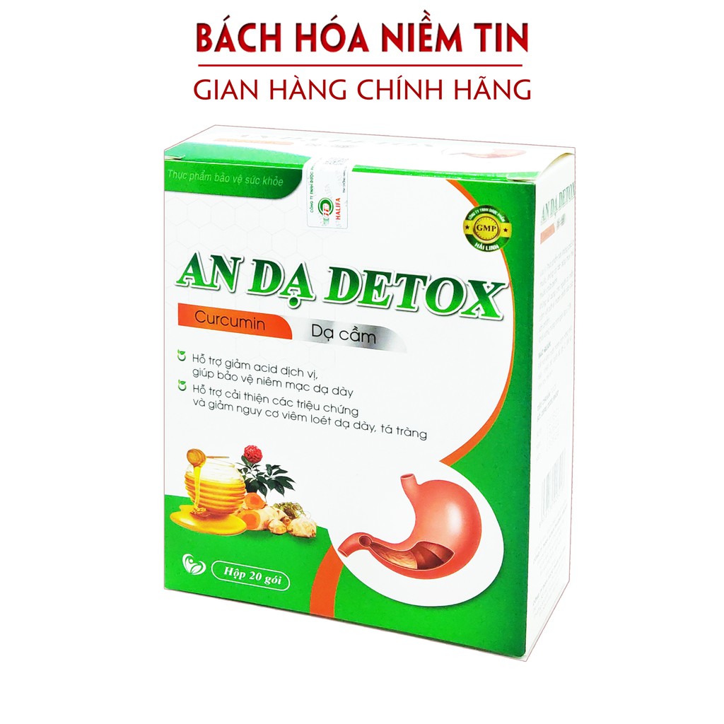 Hộp 20 gói giảm đau dạ dày An Dạ Detox - thành phần curcumin, chè dây, bình vôi,thảo dược quý an toàn hiệu quả