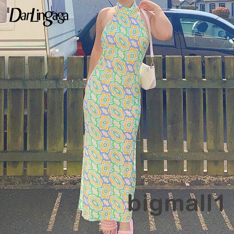 Bigmall-đầm Maxi Cổ Đứng Mỏng Mùa Hè Họa Tiết In Xẻ Tà Màu Xanh Lá Cây (Một Mảnh)