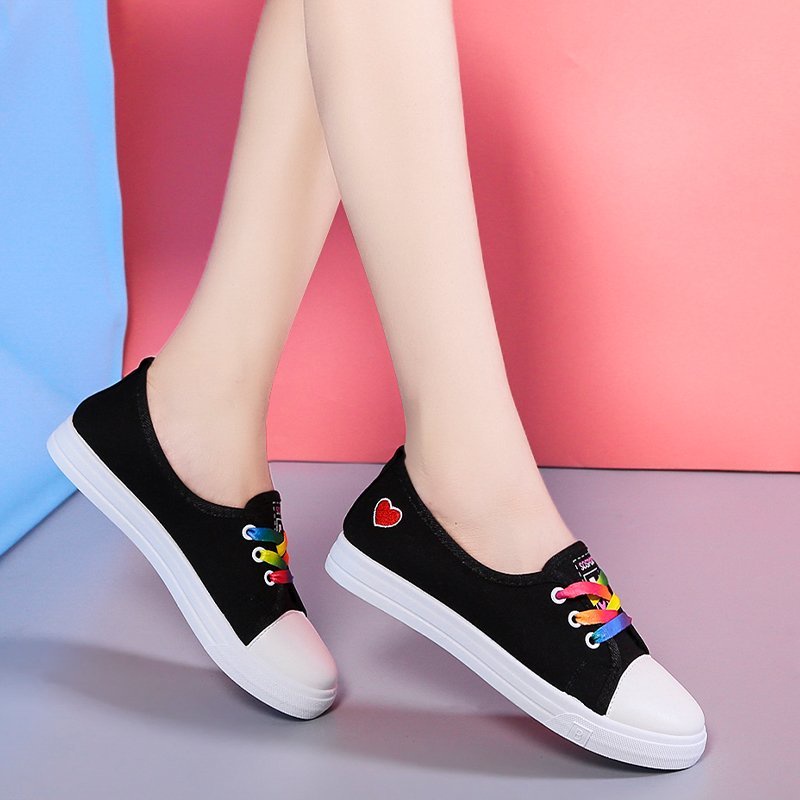 Giày Thể Thao Canvas Đế Cao Su Màu Trắng Đen Phong Cách Hàn Quốc Thời Trang Cho Nữ