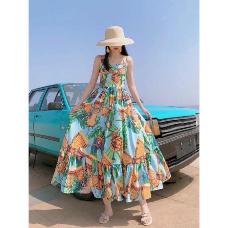 Váy hoa maxi LUHAZO 2 dây đi biển đi chơi hở lưng dáng dài rộng bigsize kiểu sang chảnh Hàn Quốc dk7t503