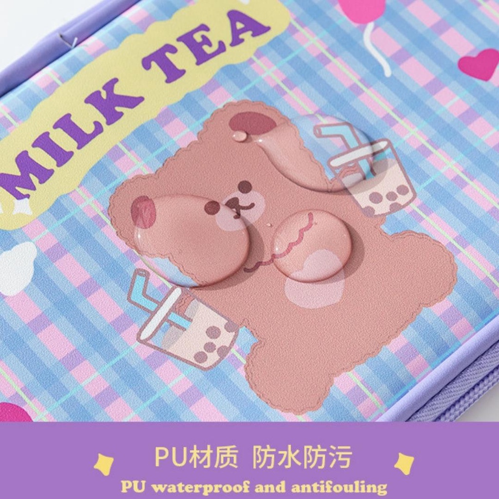 Túi da PU sắc màu họa tiết gấu cocoa bear (đựng mỹ phẩm, dụng cụ học tập)