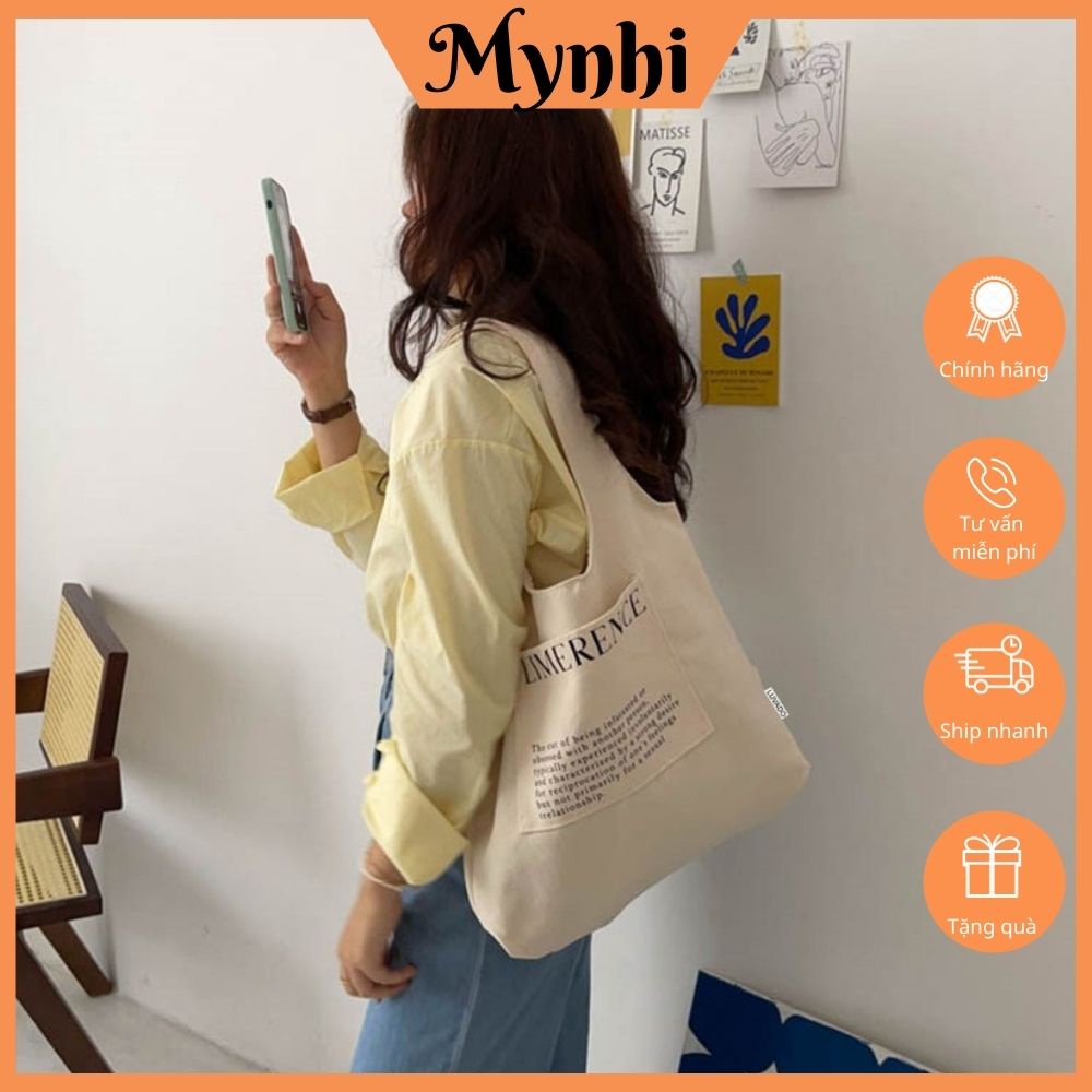Túi tote, túi vải canvas giá rẻ thời trang đeo vai liền thân có ngăn ngoài in hoạ tiết SMN250