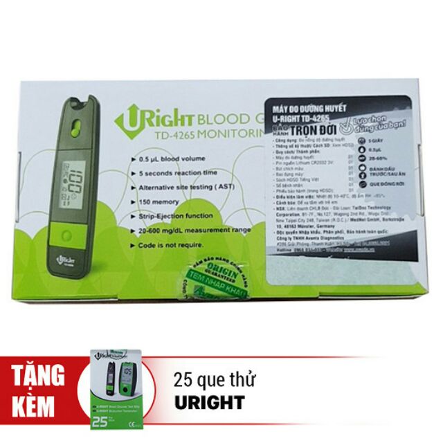 Máy đo đường huyết uright TD 4265 tặng hộp que thử 15 que, 25 kim chích