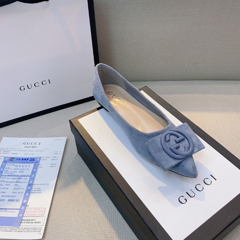 giày búp bê nữ mũi nhọn da thật quai nơ logo GG Gucci GC