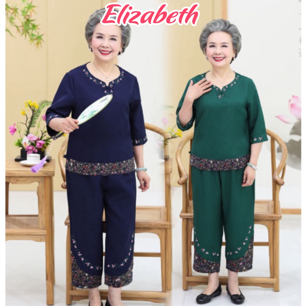 Đồ bộ nữ mặc nhà tay lỡ thêu hoa Elizabeth quần áo trung niên cho mẹ chất liệu cotton co giãn ĐBH.21
