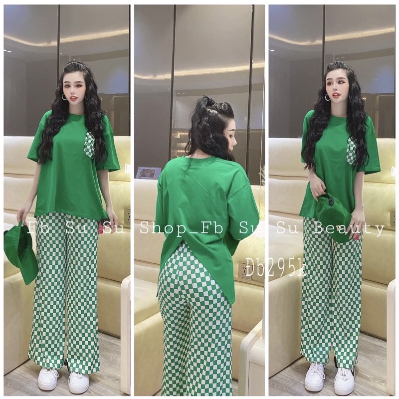 Set quần suông caro kèm áo thun form rộng B6