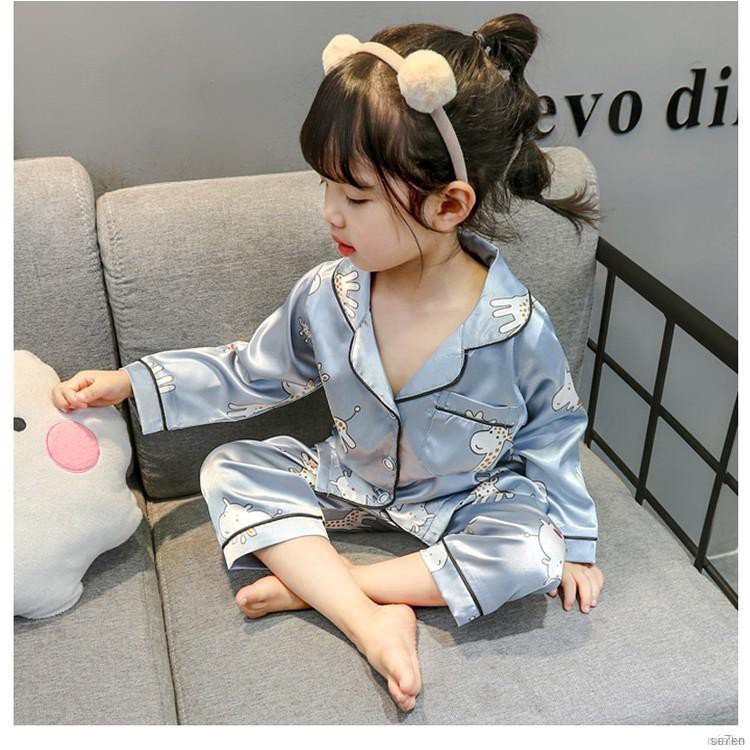 ruiaike  Baby Kids Girls Boys Cartoon Sleepwear Set Long Sleeve Silk Satin Button Blouse Tops + Pants Pajamas