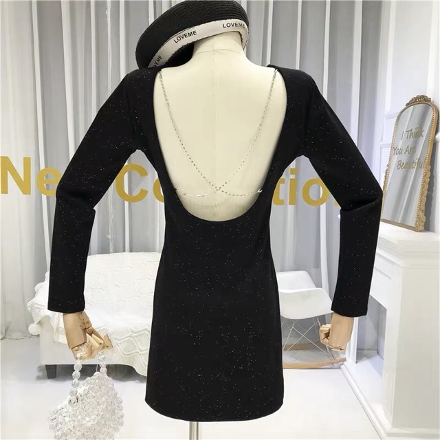 sẵn Đầm ôm body tay dài hở lưng chéo dây đính đá dự tiệc hàng Quảng châu。BỐN ẢNH THẬT CUỐI 	 J0158 | BigBuy360 - bigbuy360.vn