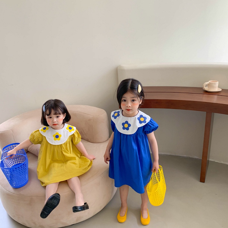 Đầm Công Chúa Tay Phồng Cổ Bẻ In Họa Tiết Hoa Dễ Thương Thời Trang Mùa Hè Cho Bé Gái