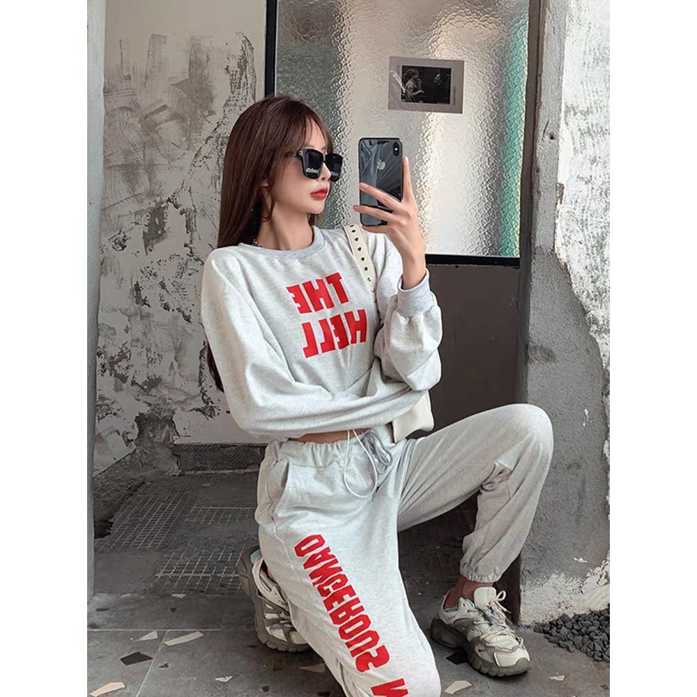 SET BỘ THỂ THAO ÁO CROPTOP NỈ DÀI TAY RÚT DÂY THE HELL MIX QUẦN JOGGER MONSTER ĐEN XÁM