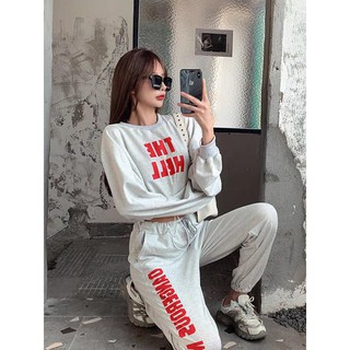 SET BỘ THỂ THAO ÁO CROPTOP NỈ DÀI TAY RÚT DÂY THE HELL MIX QUẦN JOGGER MONSTER ĐEN XÁM