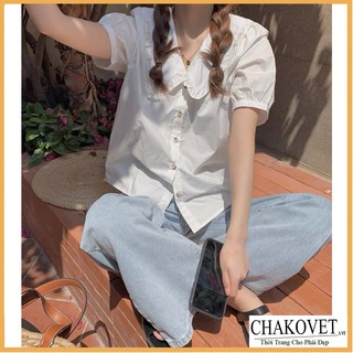 Áo sơ mi nữ màu trắng ngắn tay  Chakovet CKA847,kiểu áo nữ cộc tay cổ sen cá tính