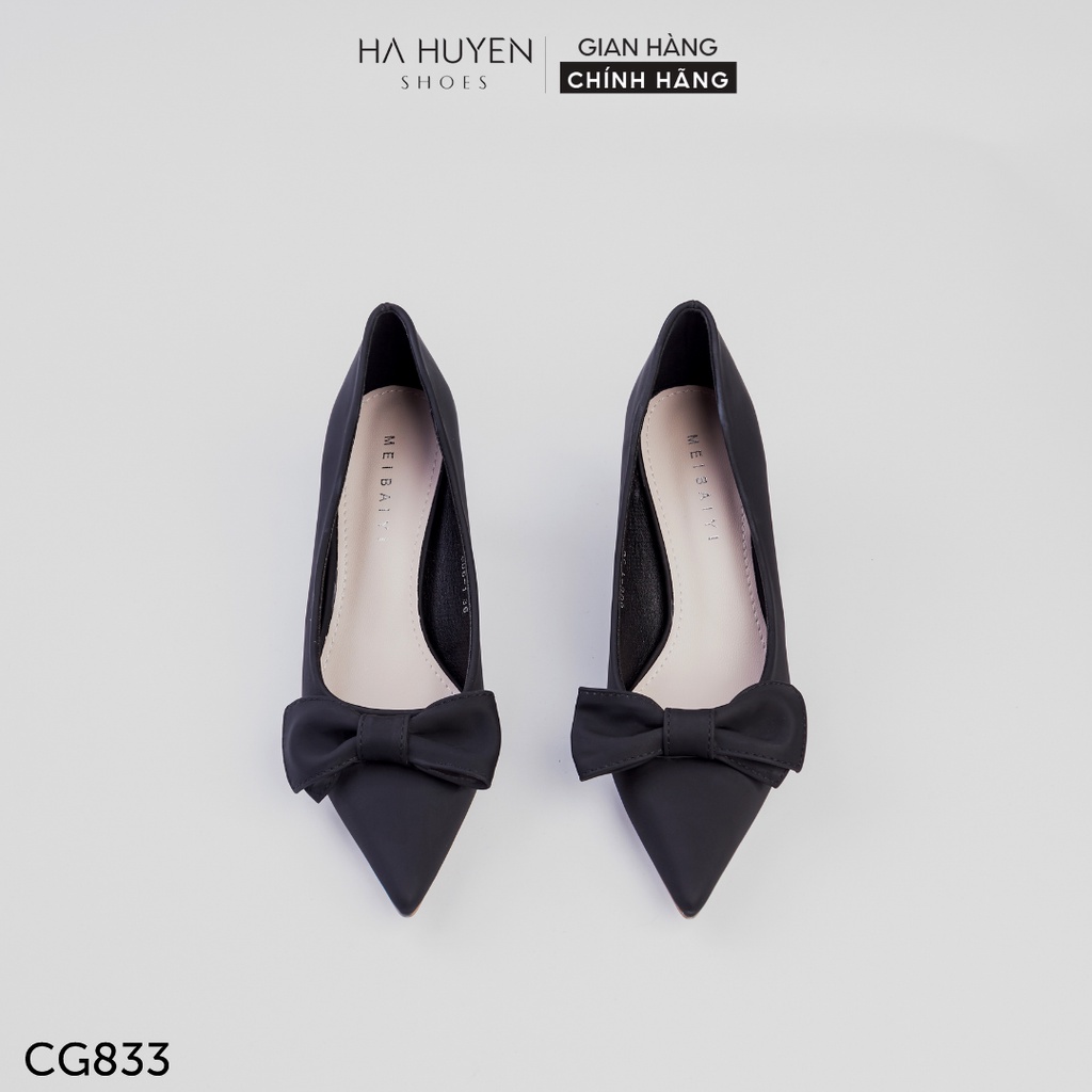 Giày cao gót nữ Hà Huyền Shoes mũi nhọn da lì thắt nơ xinh xắn gót nhọn 5 phân - CG833