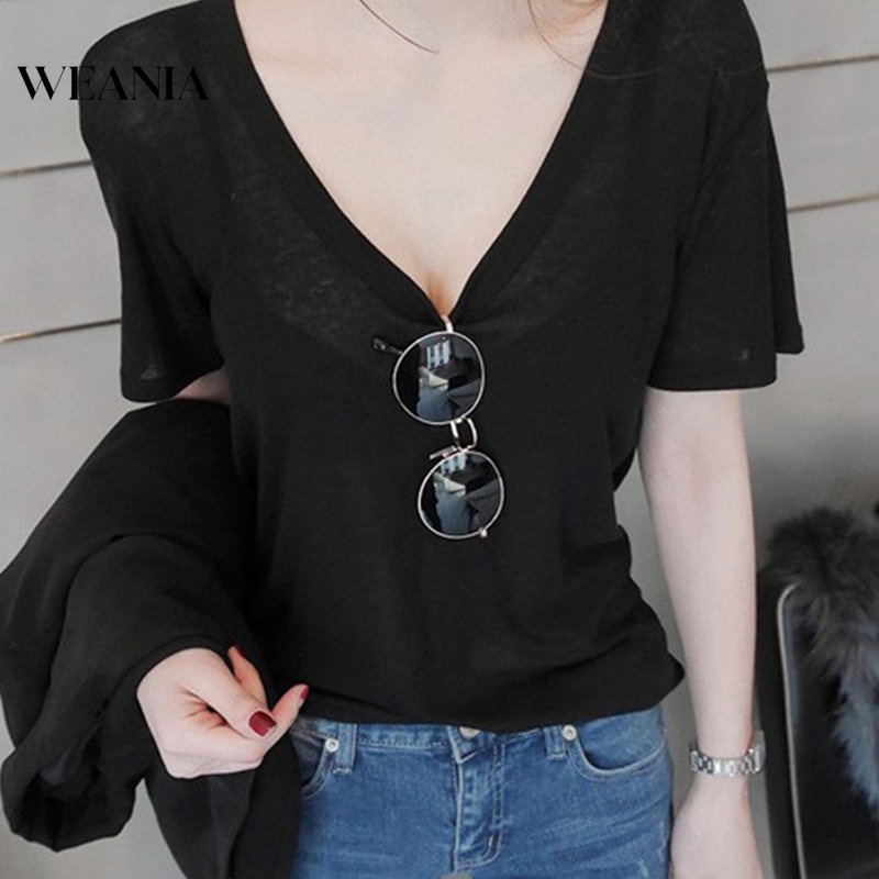 Áo Thun Tay Ngắn Cổ Chữ V Khoét Sâu Phong Cách Quyến Rũ