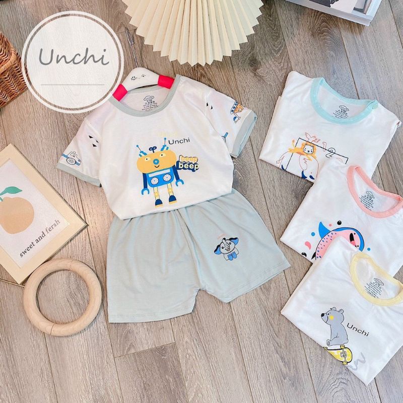 Đồ bộ cộc tay Unchi cho bé trai bé gái chất petit cài vai in hình chìm