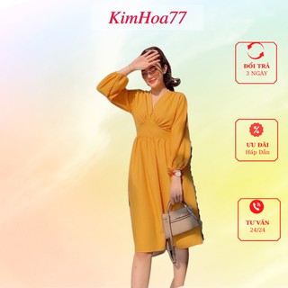 Váy xòe đầm nữ dự tiệc chất kate lụa tay dài hotttrend màu vàng kimhoa77