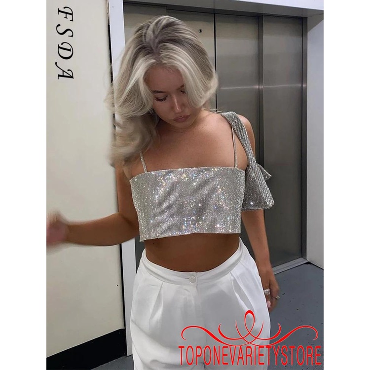 Áo Crop Top Đính Kim Sa Gợi Cảm Cho Nữ