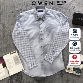 Áo Sơ Mi Nam Dài Tay Owen AR20848DT Somi Công Sở Cao Cấp Màu Trắng Kẻ Caro Xanh Chất Sợi Tre Mềm Mát Dáng Regular Fit