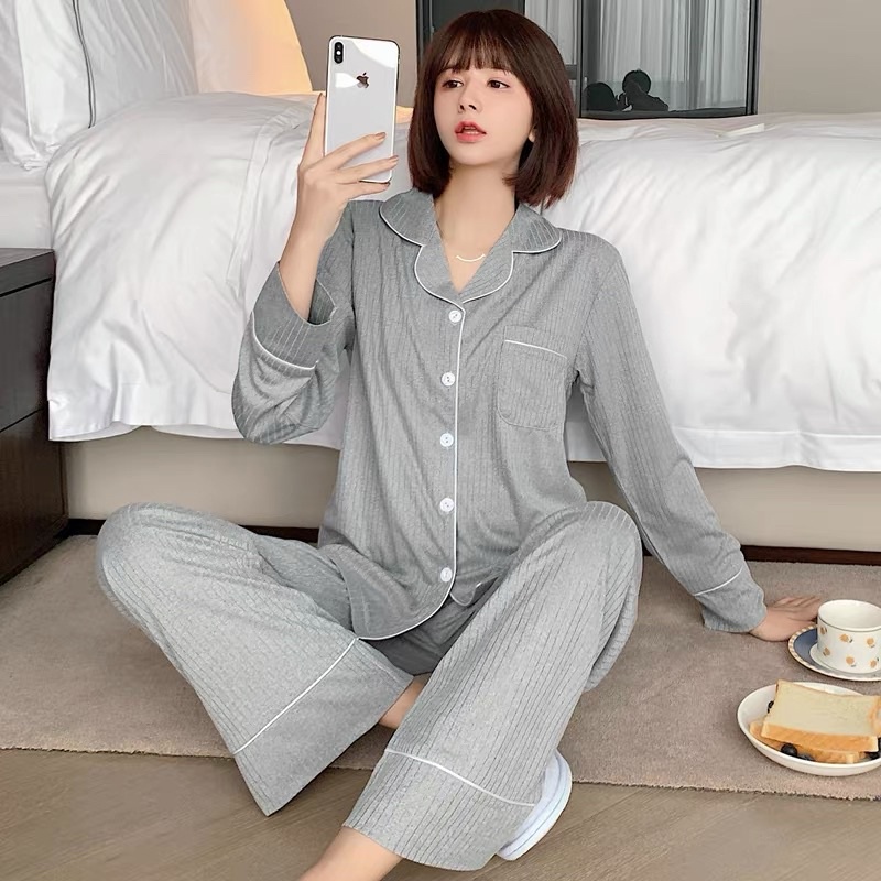 Bộ ngủ pijama nữ dài tay chất liệu 100% cotton màu xám-bộ ngủ thu đông (có bigsize) | BigBuy360 - bigbuy360.vn