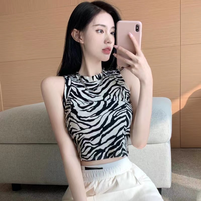 Áo Lửng Không Tay Cổ Tròn Họa Tiết Kẻ Sọc Ngựa Vằn Phong Cách Cổ Điển Dành Cho Nữ