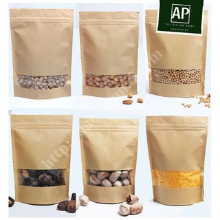 10 cái  kraft size 12 x20, túi zip giấy vàng túi zipper đựng thực phẩm chống thấm hai mặt có cửa sổ chất lượng cao