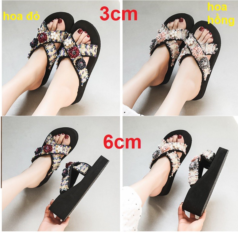 (SẴN HÀNG) Dép tông xỏ ngón đế cao quai đính hoa |Dép kẹp sandal đế xuồng 6p,3p