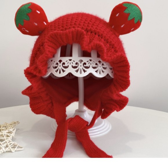 Nón len cho bé gái, nón đội ấm hình quả dâu cho bé