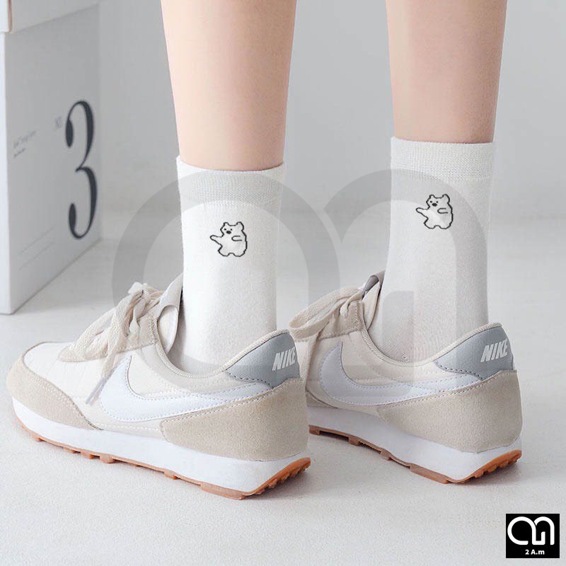 Tất Vớ Cổ Cao Nữ Tone Màu Trắng Họa Tiết Động Vật Dễ Thương Thời Trang Đẹp Vải Cotton