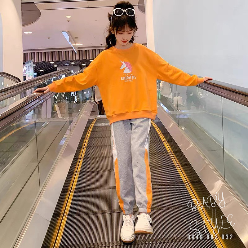 Bộ quần áo thu đông dài tay &quot;UNI&quot; 14-45kg cho bé gái 4-14 tuổi. Vải da cá dày dặn. Thoải mái. G45