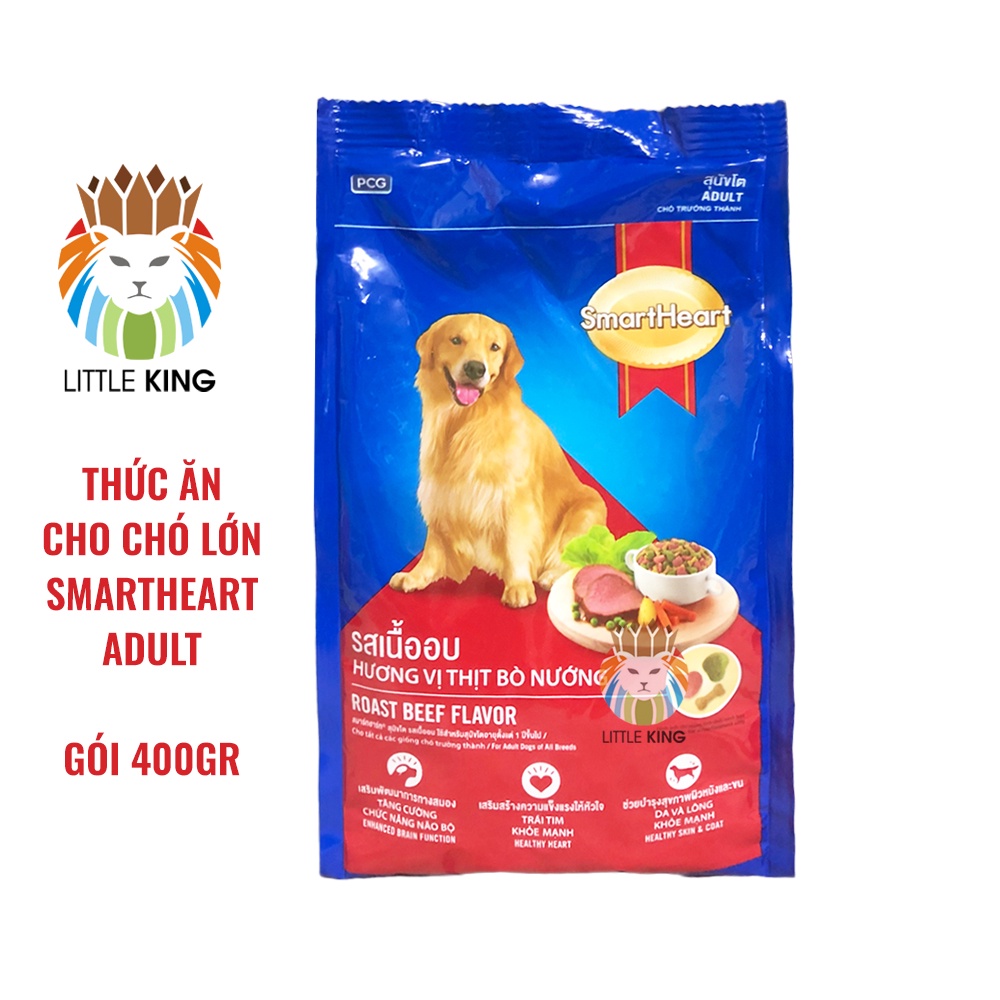 Thức ăn cho chó lớn trên 1 tuổi Smartheart Adult vị thị bò gói 400gr, Thức ăn hạt cho chó giá rẻ Little King pet shop