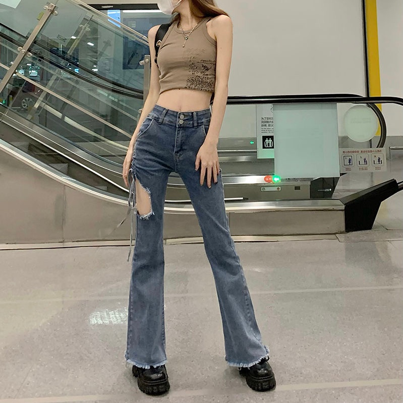 Quần Jeans Nữ Lưng Cao Rách Gối Cá Tính