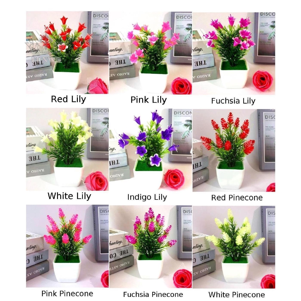 Artificial Plant Home Office Tabletop Plastic Fake Welcoming Desk Wedding Lily flower Pinecone 18cm Potted Beautiful
