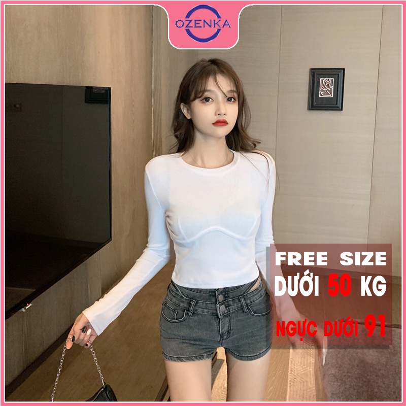 Áo croptop tay dài cổ tròn ôm nữ OZENKA ,  áo thu đông tôn ngực mặc đi học đi chơi chất len tăm 100% cotton đen trắng