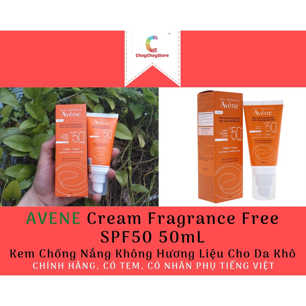 [CHÍNH HÃNG CÓ TEM] AVENE Protection Cream Fragrance Free SPF50 50mL - Kem Chống Nắng Không Hương Liệu Cho Da Khô