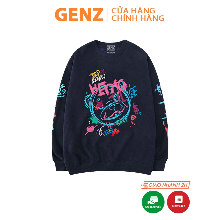 Áo Sweater GENZ dáng Unisex freesize dài tay Mặt Gấu bản Premium - ĐEN SW02