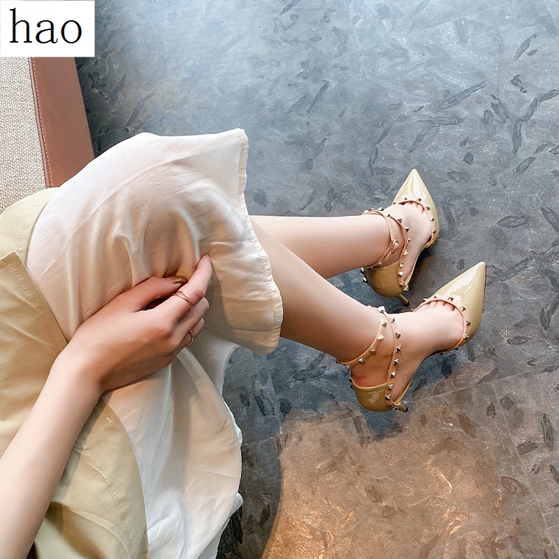 Giày Sandal Cao Gót Mũi Nhọn Đính Đinh Tán Thời Trang Mùa Hè Năm 2021 Cho Nữ